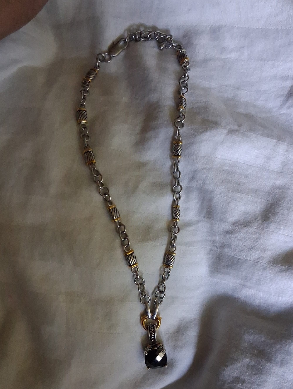 Two-Tone Silver & Gold Chain Necklace with Black Gem Pendant